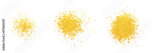 Glittering gold splatter texture. Set of vector sprayed, sprinkled specs, dust particles, tiny pieces of metal. Grainy texture round shape splashes. Abstract shiny elements isolated on transparent bg