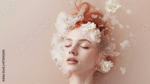 ethereal, dreamy portraits featuring a woman with red hair in a bathtub or water setting. The overall aesthetic is soft, feminine, delicate, with a color palette dominated by pastel pinks and white.