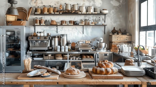 Rustic bakery kitchen with countertop full of fresh bread, pastries, and baking tools, surrounded by industrial equipment and shelves. photo