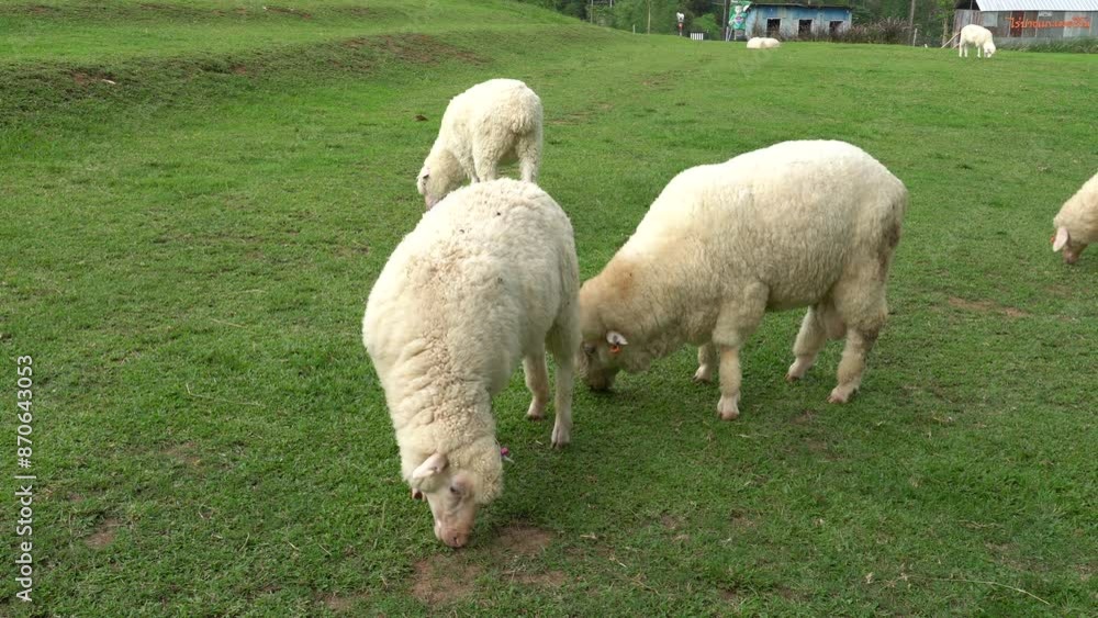 Farm animal Merino sheep walking, resting, eating grass freely in farmland Farm animal Merino sheep walking, resting, eating grass freely in farmland