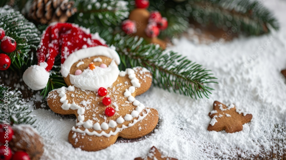 gingerbread santa claus on snow background. copy space gingerbread santa claus on snow background. copy space