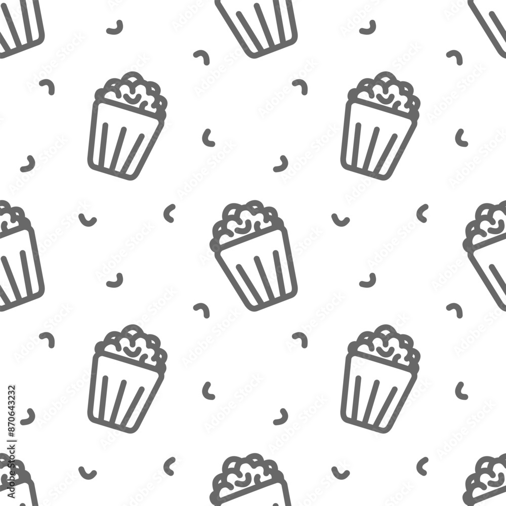 Seamless pattern Popcorn line icon. Popcorn, bucket, box. Vector illustration isolated on white background. Food, snack. Line style for background, menu, invitation. Seamless pattern Popcorn line icon. Popcorn, bucket, box. Vector illustration isolated on white background. Food, snack. Line style for background, menu, invitation.