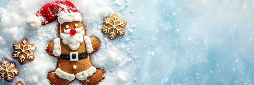 gingerbread santa claus on snow background. copy space gingerbread santa claus on snow background. copy space