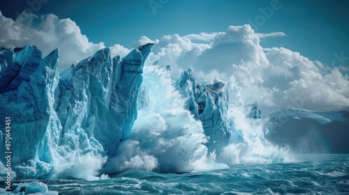 A glacier calving into the ocean, creating massive icebergs and causing sea levels to rise. photo