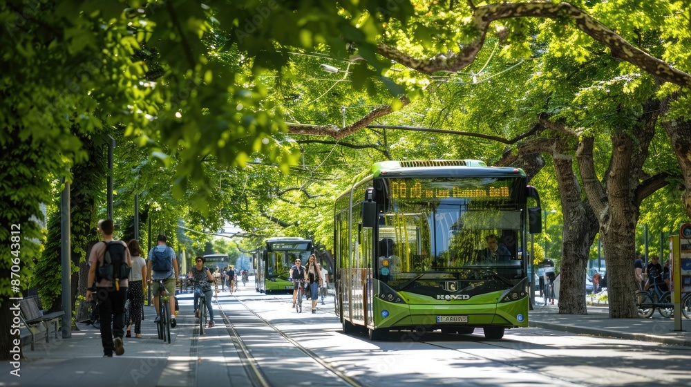 A green boulevard with electric buses, bike lanes, and pedestrians strolling under a canopy of trees.