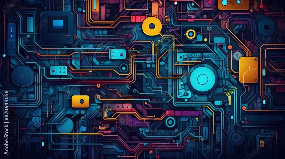 Fototapeta premium abstract technology flat design top view digital theme cartoon drawing vivid