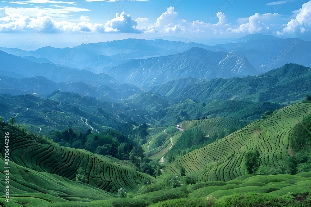 Fototapeta premium Green Tea Plantation on Mountainside with Blue Sky