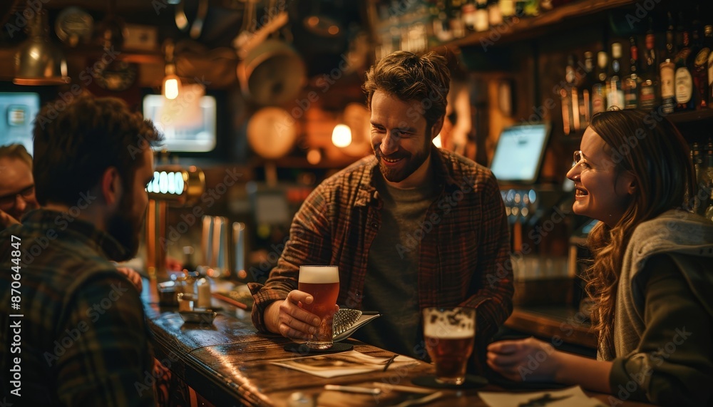 A cozy pub scene with glasses of frothy craft beer, a bartender pouring a fresh pint, and patrons engaged in lively conversation under warm ambient lighting A cozy pub scene with glasses of frothy craft beer, a bartender pouring a fresh pint, and patrons engaged in lively conversation under warm ambient lighting