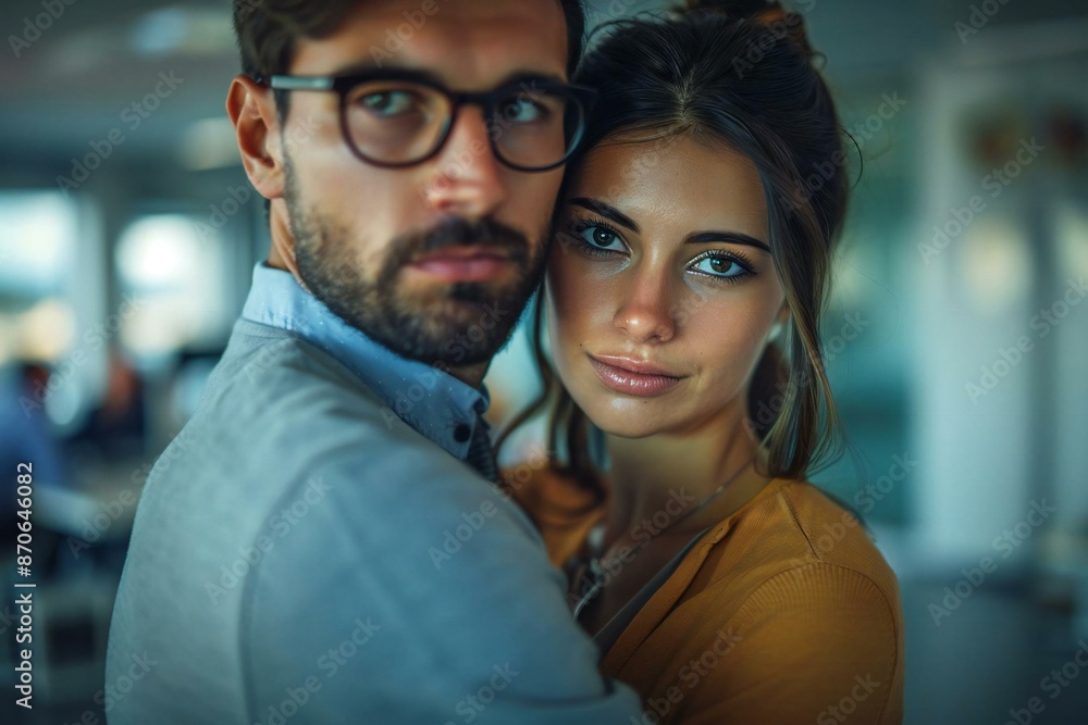 The beautiful female colleague looks embarrassed and uncomfortable as the well-groomed bearded businessman in eyeglasses touches her shoulder at work. The beautiful female colleague looks embarrassed and uncomfortable as the well-groomed bearded businessman in eyeglasses touches her shoulder at work.