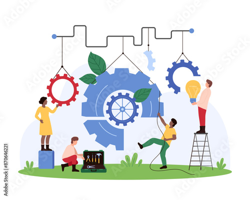 Effective teamwork and collaboration of employees. Tiny people moving parts of factory mechanism in unity, connect light bulb and gears in machine motor system together cartoon vector illustration
