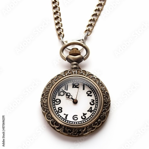 Beautiful vintage pocket watch and pearl necklace on rustic wood, selective focus. Generative AI