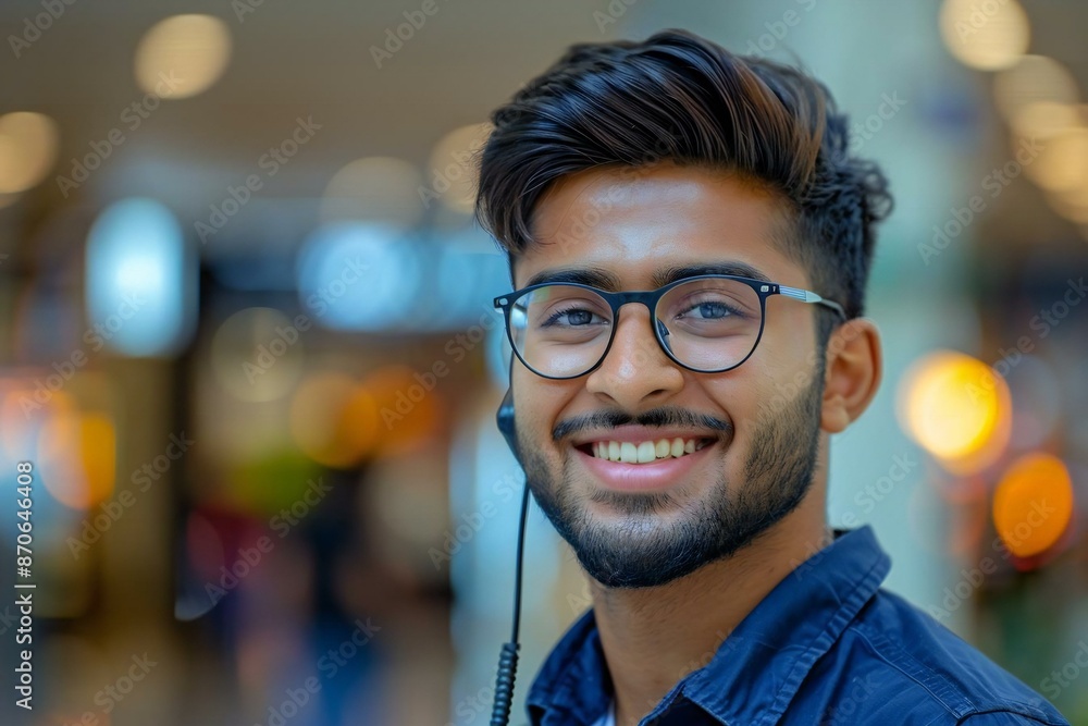 The handsome male security guard wearing eyeglasses and a well-groomed beard is smiling while talking on a walkie talkie. The handsome male security guard wearing eyeglasses and a well-groomed beard is smiling while talking on a walkie talkie.