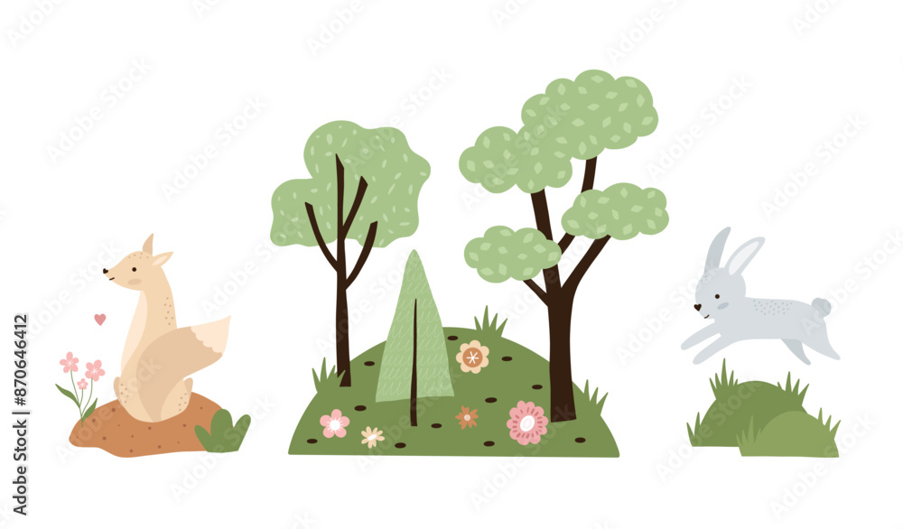Naklejka premium Set of hand drawn compositions with forest animals and plants. Baby art for nursery design and prints. Charming cartoon woodland animals