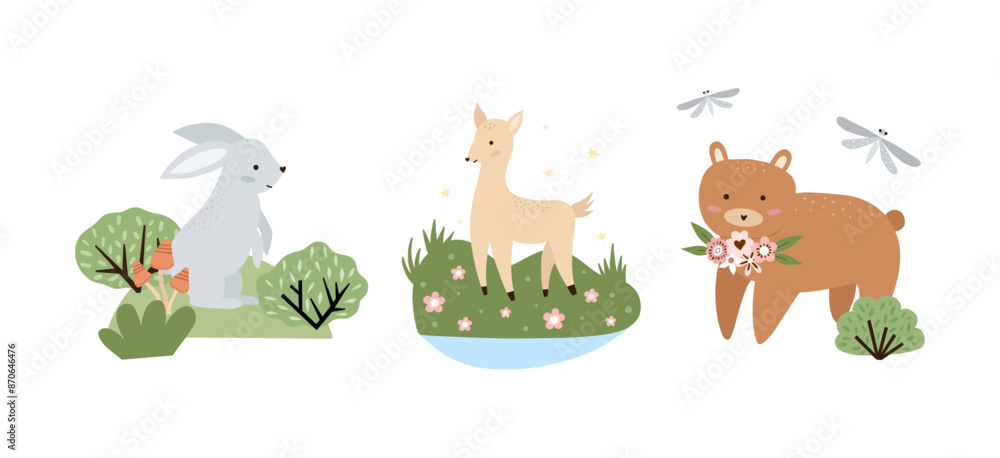 Obraz premium Set of hand drawn compositions with forest animals and plants. Baby art for nursery design and prints. Charming cartoon woodland animals