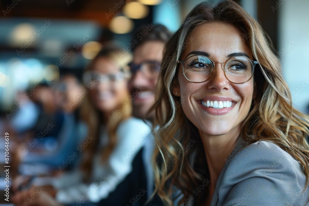 Skillful businesspeople with beautiful smiles and laughing, wearing eyeglasses in a boardroom video conference. Skillful businesspeople with beautiful smiles and laughing, wearing eyeglasses in a boardroom video conference.