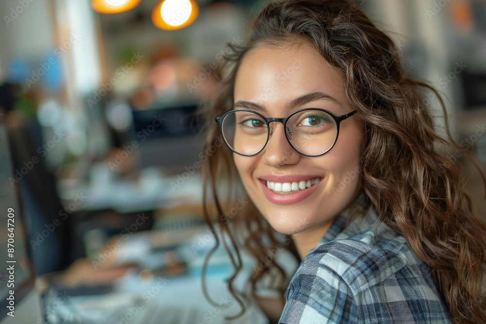 Smiling happy young businesswoman with eyeglasses and well groomed beard calculating bill with calculator in office. Smiling happy young businesswoman with eyeglasses and well groomed beard calculating bill with calculator in office.