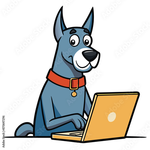 dog with laptop. great dane dog fishing working on white background.