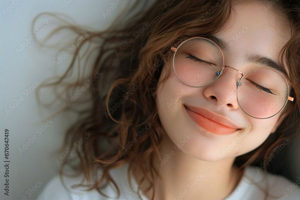 beautiful young woman with closed eyes, smiling and wearing eyeglasses. beautiful young woman with closed eyes, smiling and wearing eyeglasses.