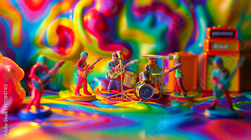 Psychedelic concert scene with a band of miniature clay figures playing instruments on a vibrant, swirling color stage.