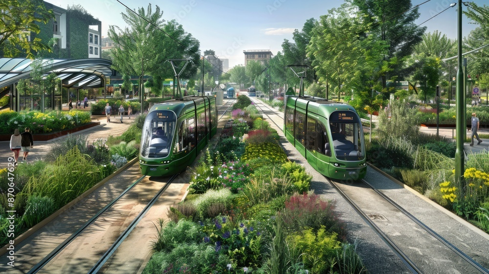 Naklejka premium A green transit hub with electric trams and buses, surrounded by urban gardens and pedestrian-friendly pathways.