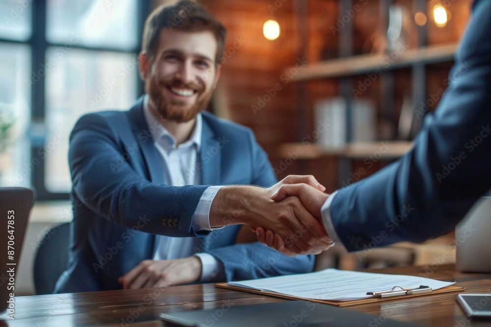 Smiling young businessman with a well-groomed beard shaking hands with his partner. Smiling young businessman with a well-groomed beard shaking hands with his partner.