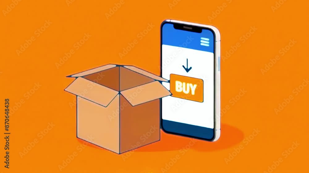 A brown cardboard box with the flaps open is next to a white and blue smart phone with a A brown cardboard box with the flaps open is next to a white and blue smart phone with a