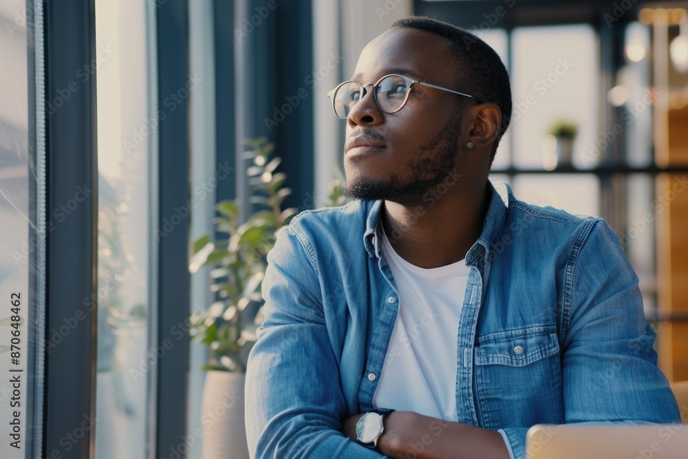 Fototapeta premium Dreamy man in glasses visualizing new opportunities at table.