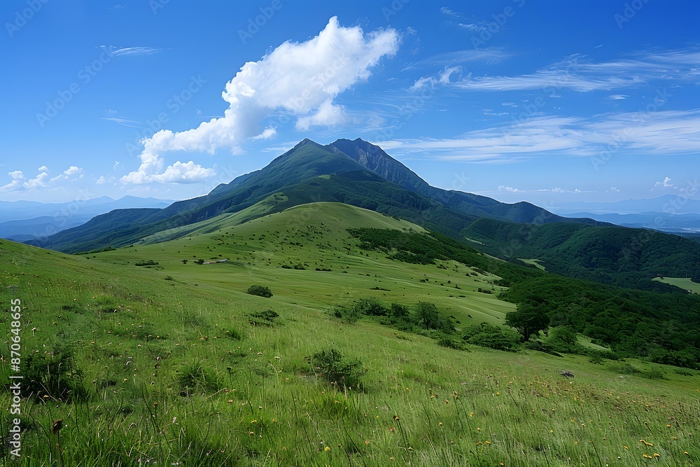 Green Grassland with Mountain Peaks under Blue Sky Green Grassland with Mountain Peaks under Blue Sky