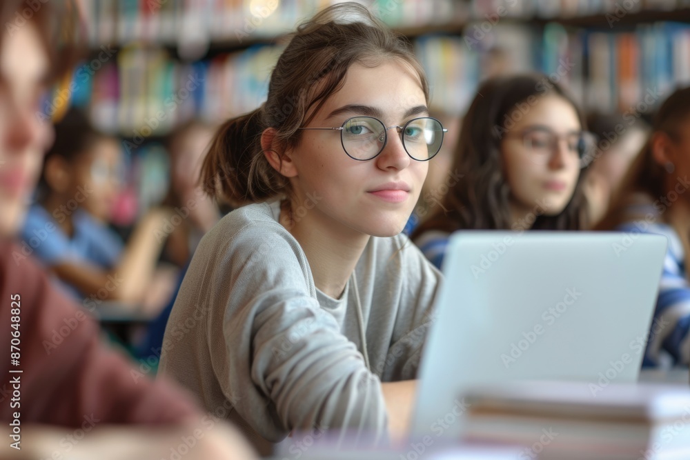 Gen Z student studies in library with classmates online presentation. Gen Z student studies in library with classmates online presentation.