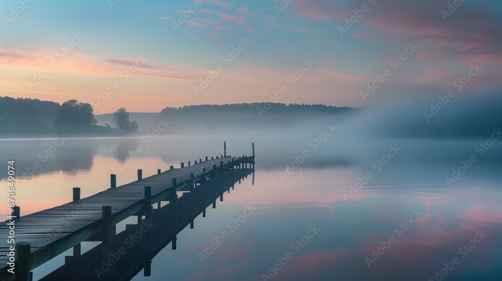 wooden pier extending into a calm lake at sunrise wooden pier extending into a calm lake at sunrise