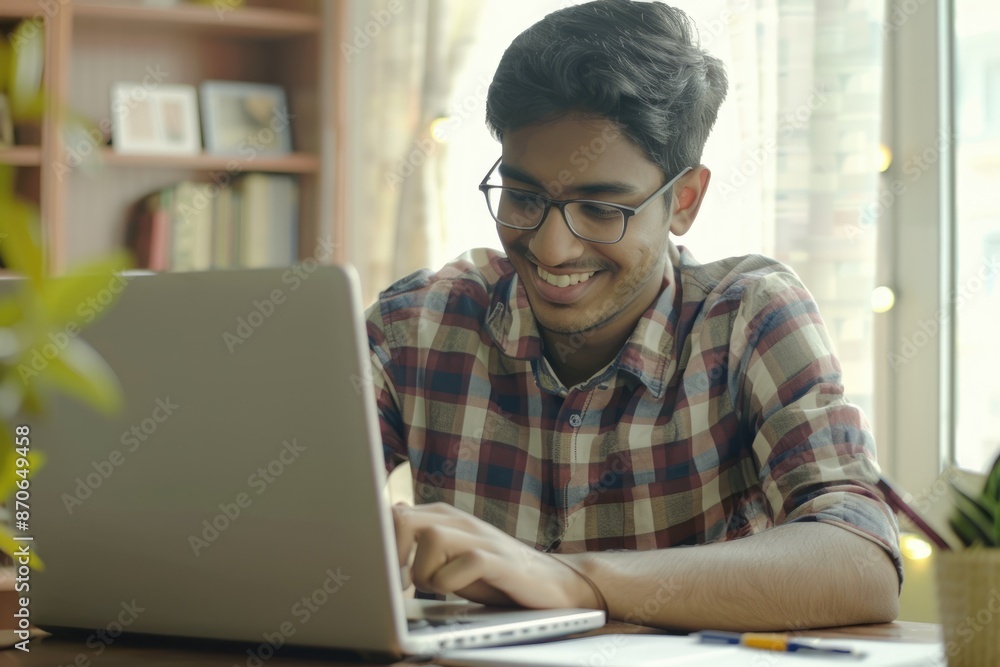 Indian man smiling taking notes learning online at home. Indian man smiling taking notes learning online at home.