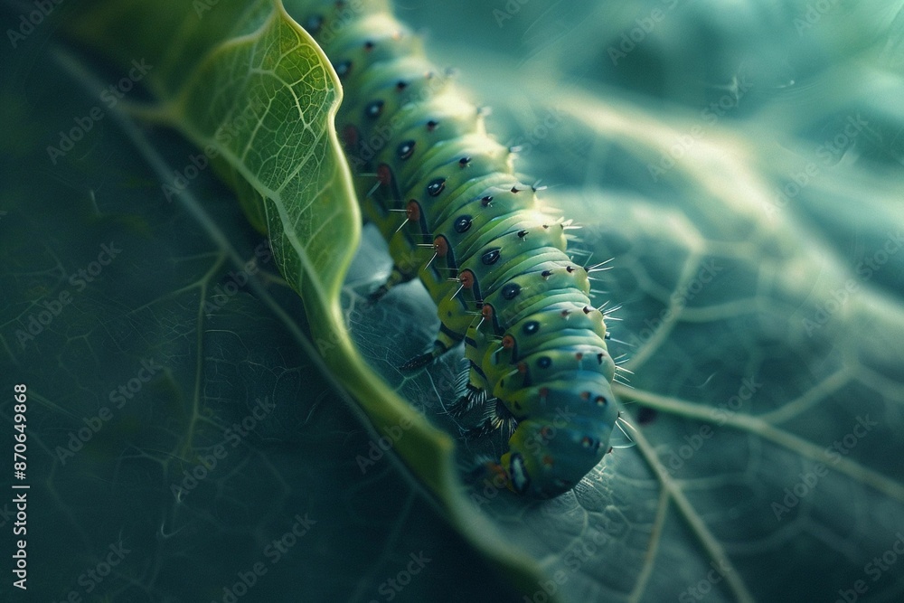 Naklejka premium AI generated illustration of a colorful caterpillar crawling on a green leaf