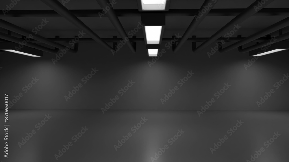 3d rendering of an empty room with bright lights and a network of pipes on the ceiling. 3d rendering of an empty room with bright lights and a network of pipes on the ceiling.