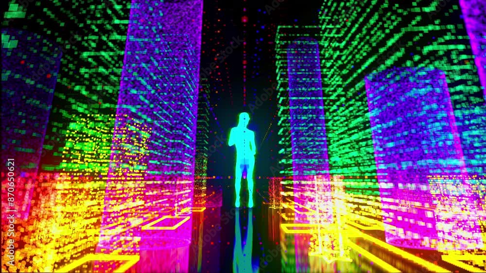 Night dance life in the neon city of future. Bright female silhouette dances among the skyscrapers. Animation. Night dance life in the neon city of future. Bright female silhouette dances among the skyscrapers. Animation.