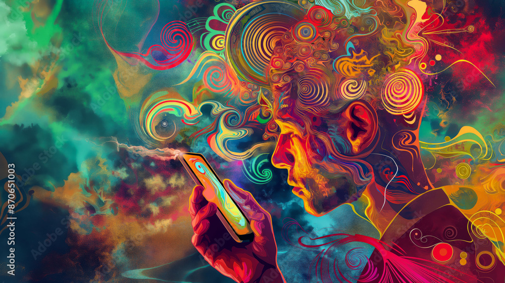 A vibrant psychedelic portrait of a man with swirling colors and patterns emanating from his smartphone, symbolizing connectivity and digital euphoria. A vibrant psychedelic portrait of a man with swirling colors and patterns emanating from his smartphone, symbolizing connectivity and digital euphoria.