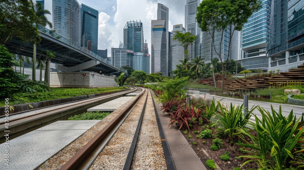 Urban Landscape: Train Tracks Amidst Greenery and Skyscrapers Urban Landscape: Train Tracks Amidst Greenery and Skyscrapers