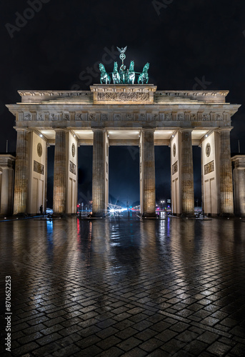 Night view of famous Brandenburger Tor (Brandenburg Gate). one of the best-known landmark and national symbols of Germany, A Tourist attraction and Meeting place, Copy space, Selective focus.