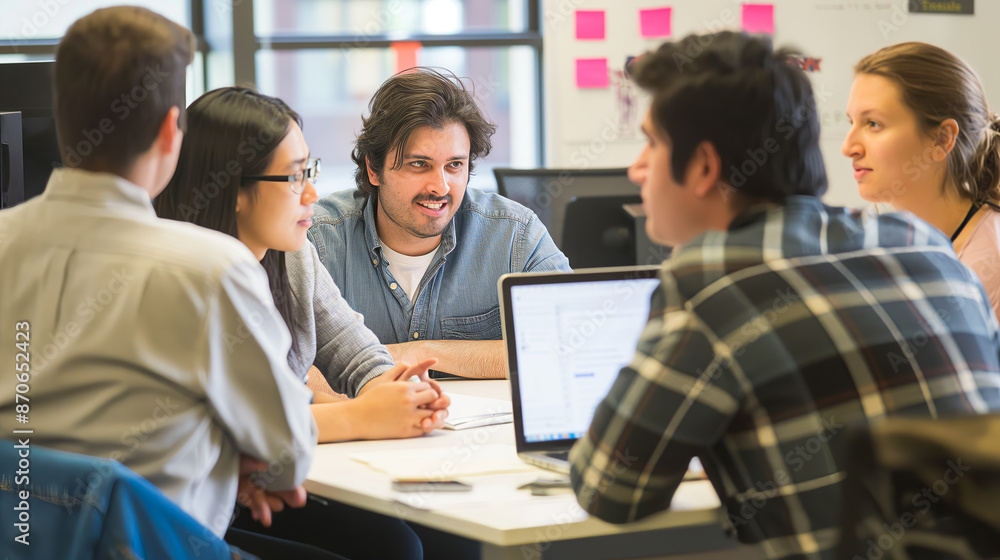 Senior software engineer mentoring a group of junior developers during a code review session at tech startup office. Senior software engineer mentoring a group of junior developers during a code review session at tech startup office.
