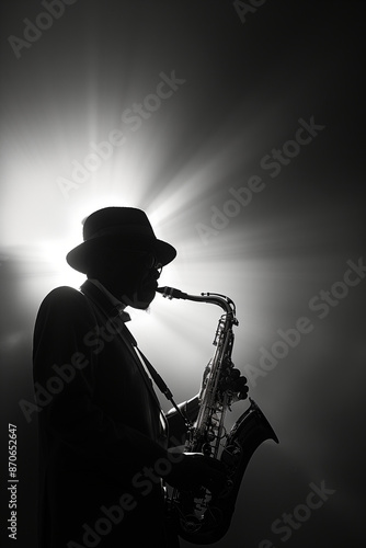 Clássico músico de Jazz tocando saxofone contra a luz, foto em preto e branco,