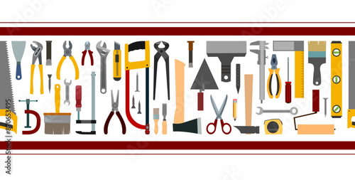 Tools showcase. composition seamless. Advertising for company selling work equipment. Hammers, axes and saws. Image vector