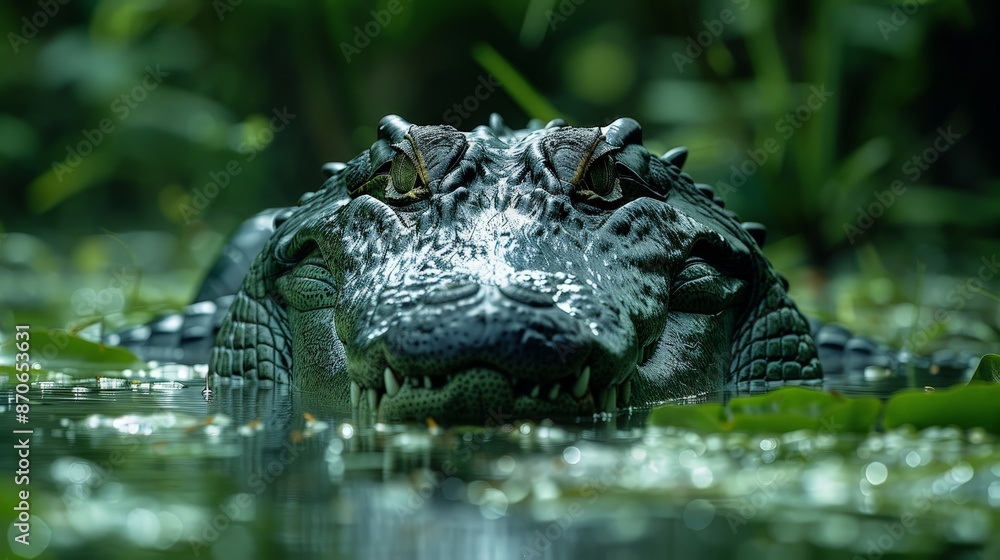 A crocodile swimming in a murky river, with detailed textures and a mysterious A crocodile swimming in a murky river, with detailed textures and a mysterious