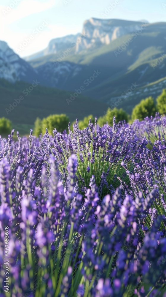 Fototapeta premium Lavender field with mountains in the background, nature beauty and tranquility concept