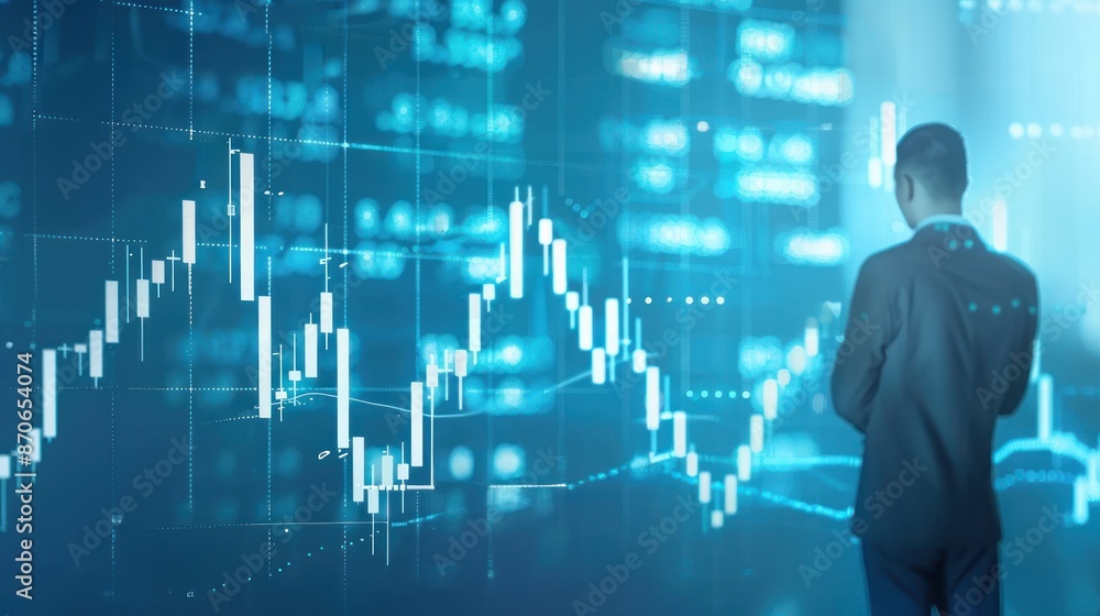 A businessman standng in front digital stock market graph background symbolizing finance and success in business A businessman standng in front digital stock market graph background symbolizing finance and success in business