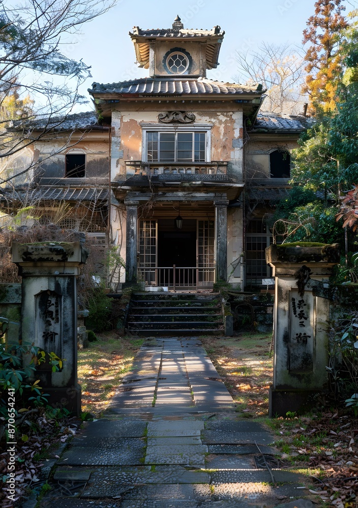 Rundown traditional Japanese house with stone lanterns and overgrown plants Rundown traditional Japanese house with stone lanterns and overgrown plants