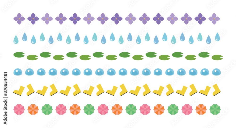 Set of summer concept illustration pattern borders with a combination of icons such as rain, raindrops, water, rain, umbrella, hydrangea, flower, lotus leaf, and rain boots. Set of summer concept illustration pattern borders with a combination of icons such as rain, raindrops, water, rain, umbrella, hydrangea, flower, lotus leaf, and rain boots.