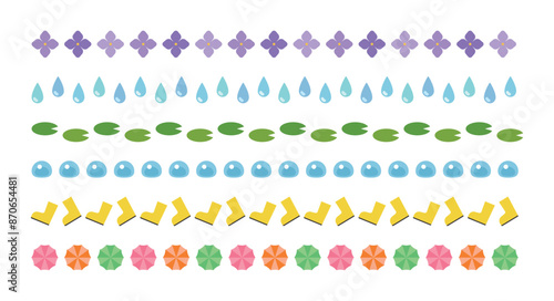 Set of summer concept illustration pattern borders with a combination of icons such as rain, raindrops, water, rain, umbrella, hydrangea, flower, lotus leaf, and rain boots.