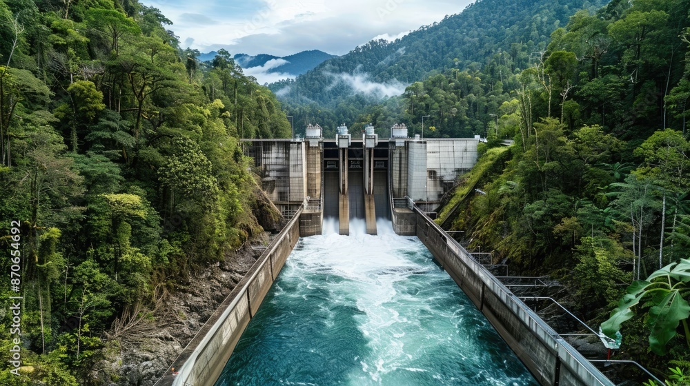 Fototapeta premium A hydroelectric dam generating power from a rushing river surrounded by lush green forests.