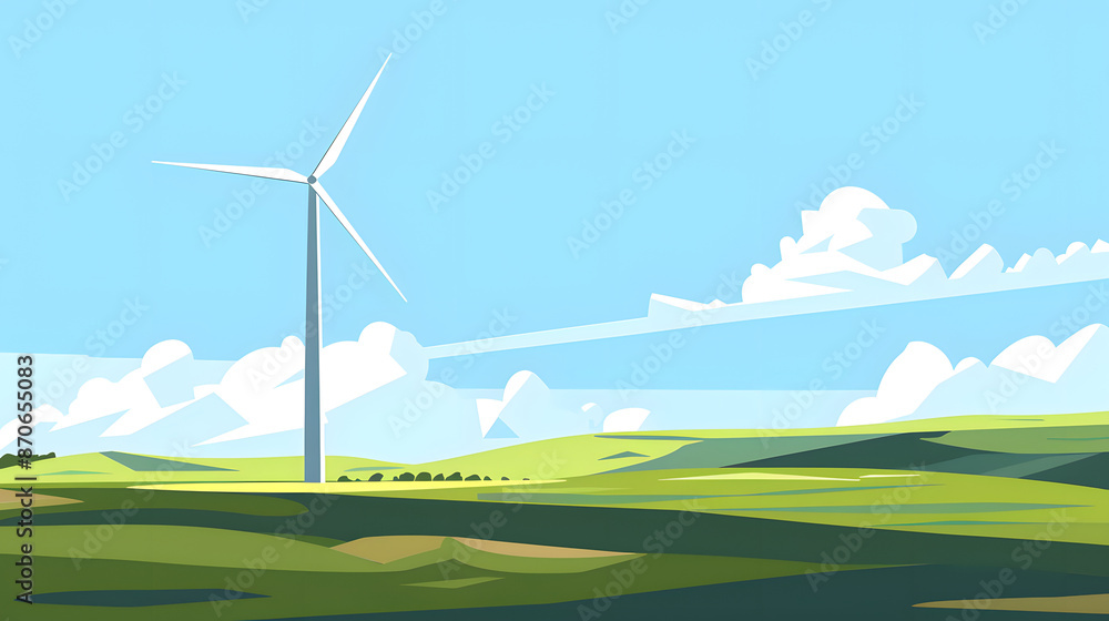 Obraz premium windturbine on green field. flat vector graphic. simple. green, blue, grey