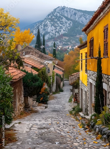 Fototapeta Naklejka Na Ścianę i Meble -  Narrow cobblestone street in a mountain village