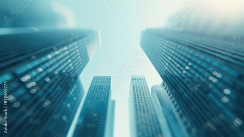 Abstract view of modern skyscrapers in urban cityscape with blue sky background